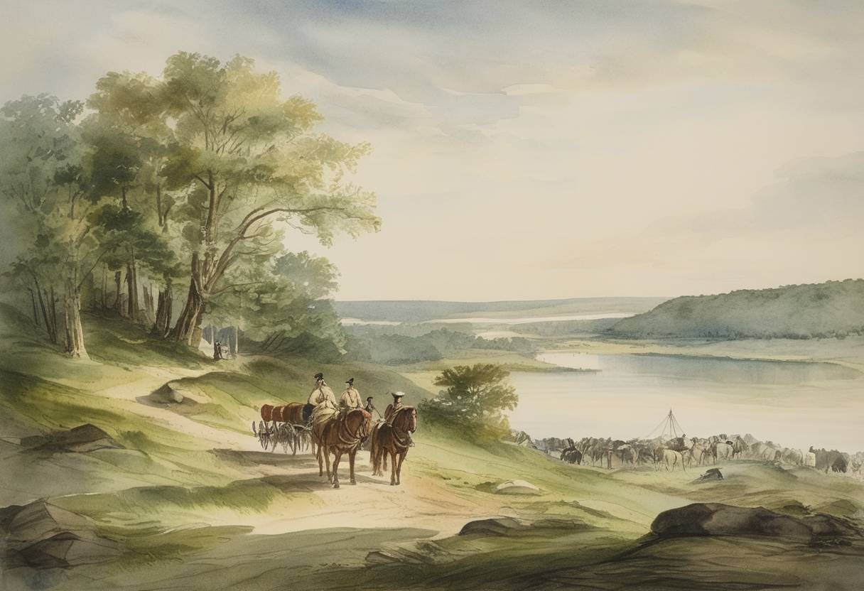 Watercolor painting based depiction of The United States Congress enacted the Northwest Ordinance, establishing governance for the Northwest Territory and paving the way for the expansion and settlement of what would become the Midwest United States. (1787)