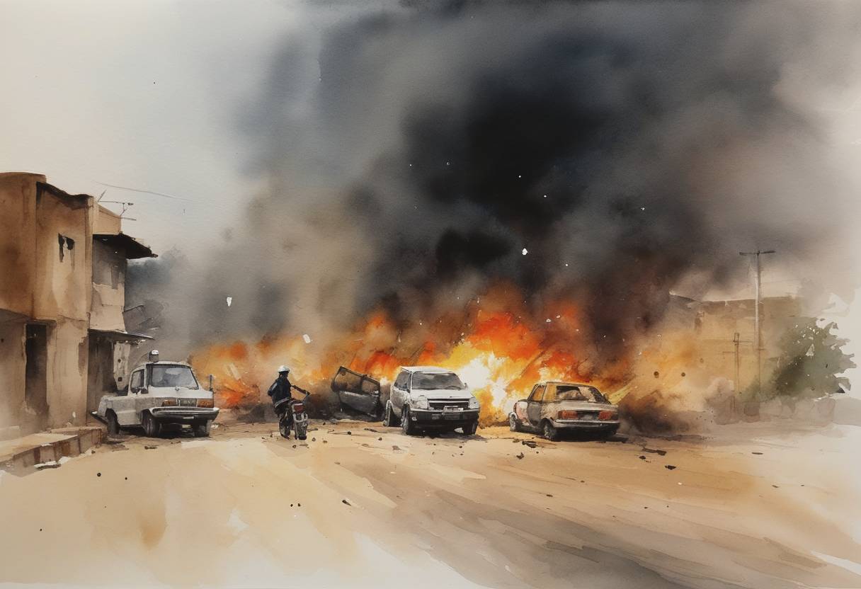 Watercolor painting based depiction of A series of coordinated bomb attacks in Kano, Nigeria, claimed by the Islamist militant group Boko Haram, resulted in over 185 deaths. This marked one of the deadliest attacks attributed to Boko Haram at the time, highlighting the escalating violence and challenges in combating terrorism in Nigeria. (2012)