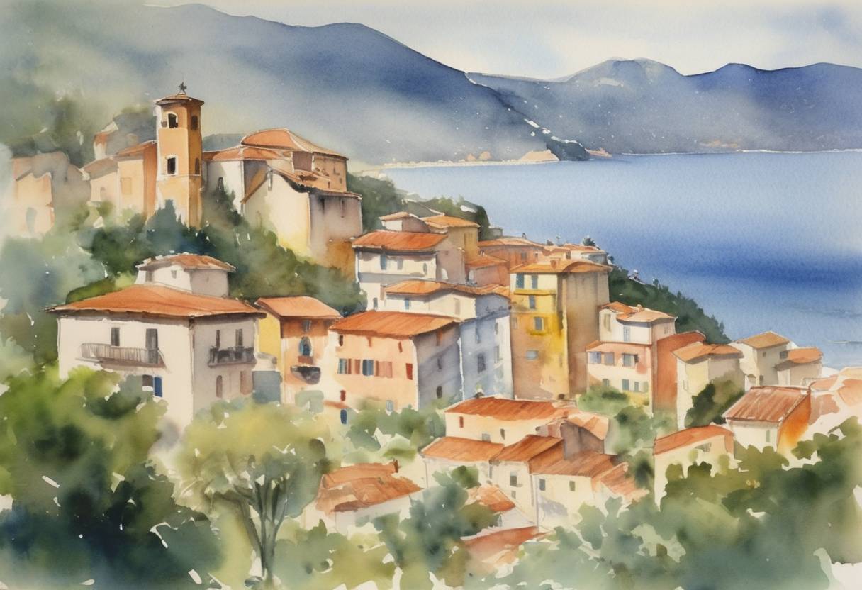 Watercolor painting based depiction of The Italian island of Elba was liberated by Allied Forces from German occupation during World War II. (1943)