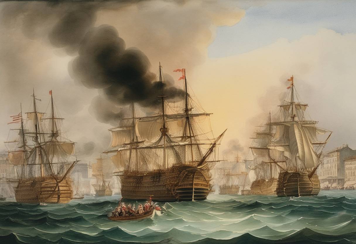 Watercolor painting based depiction of The Battle of Toulon begins, a naval engagement during the War of the Austrian Succession between the French and combined British-Honé naval forces. (1744)