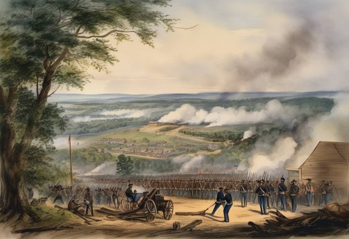 Watercolor painting based depiction of The Siege of Knoxville began during the American Civil War, with Confederate forces under General James Longstreet laying siege to the Union garrison commanded by Major General Ambrose Burnside. (1863)