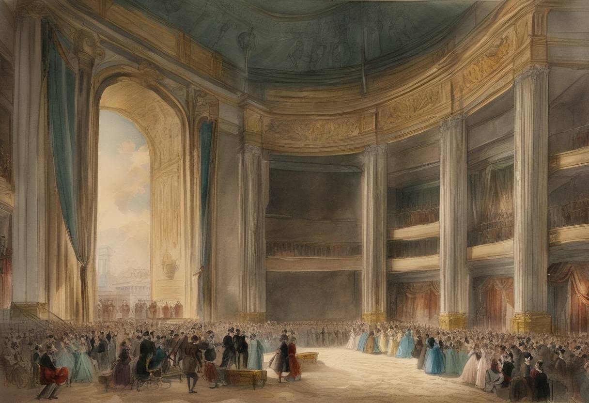 Watercolor painting based depiction of The first performance of Giuseppe Verdi's opera "Giuseppe Verdi: La Battaglia di Legnano" took place at Teatro Argentina in Rome. (1850)