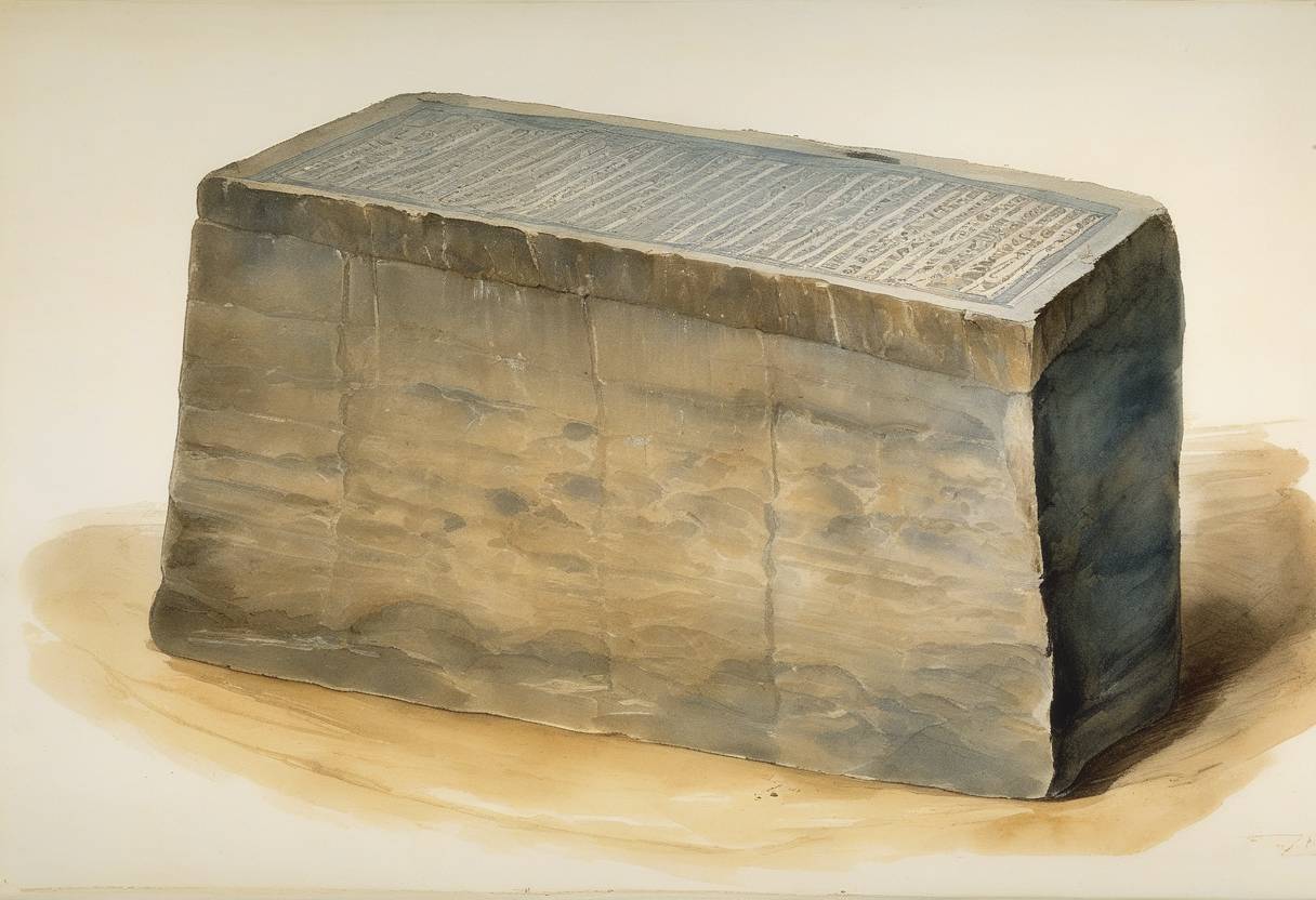 Watercolor painting based depiction of The Rosetta Stone, crucial to deciphering Egyptian hieroglyphs, was discovered by French soldier Pierre-François Bouchard during Napoleon's campaign in Egypt. (1799)