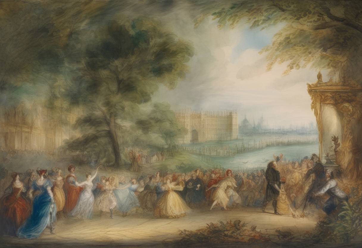 Watercolor painting based depiction of Shakespeare's play 'The Tempest' was performed for the first recorded time at Whitehall Palace in London. (1611)