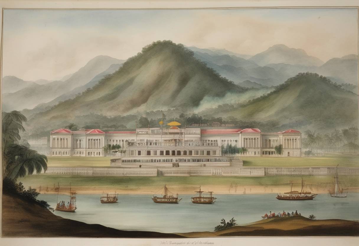 Watercolor painting based depiction of The sovereignty of the Prince of Wales Island, now known as Penang in Malaysia, is transferred from the East India Company to the British Crown. (1820)