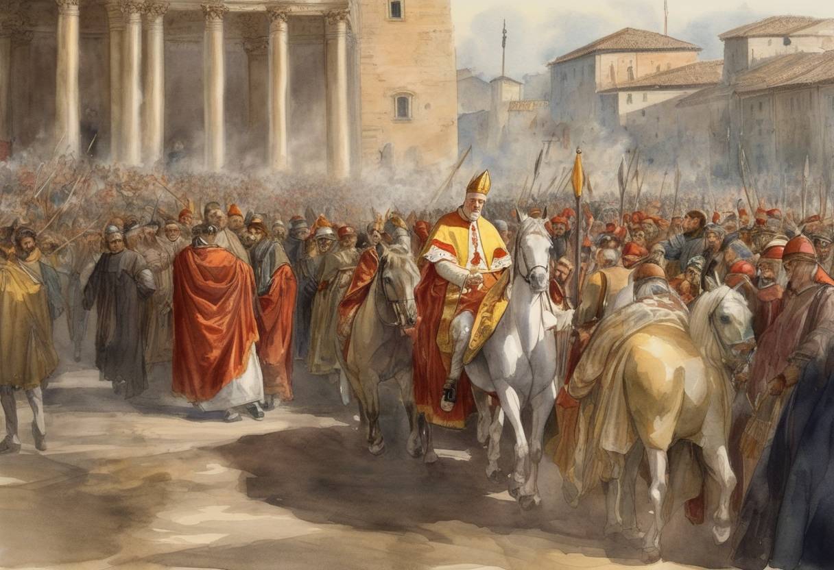 Watercolor painting based depiction of Pope Leo III celebrated his public re-entry into Rome after being driven out by opponents, marking a critical point in his papacy and subsequent alliance with Charlemagne. (799)