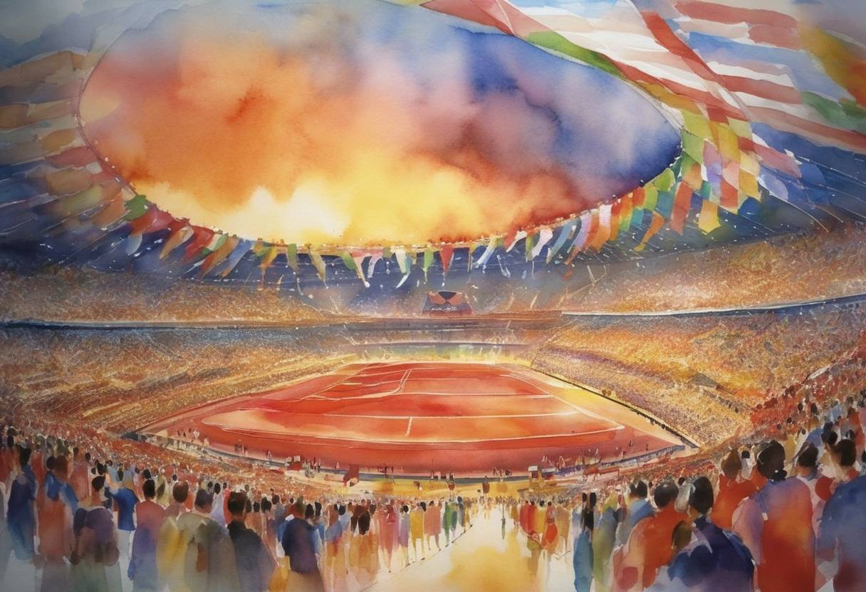 Watercolor painting based depiction of Beijing hosts the closing ceremony of the 2008 Summer Olympics, marking the end of the Games, which saw a record number of world and Olympic records shattered. (2008)