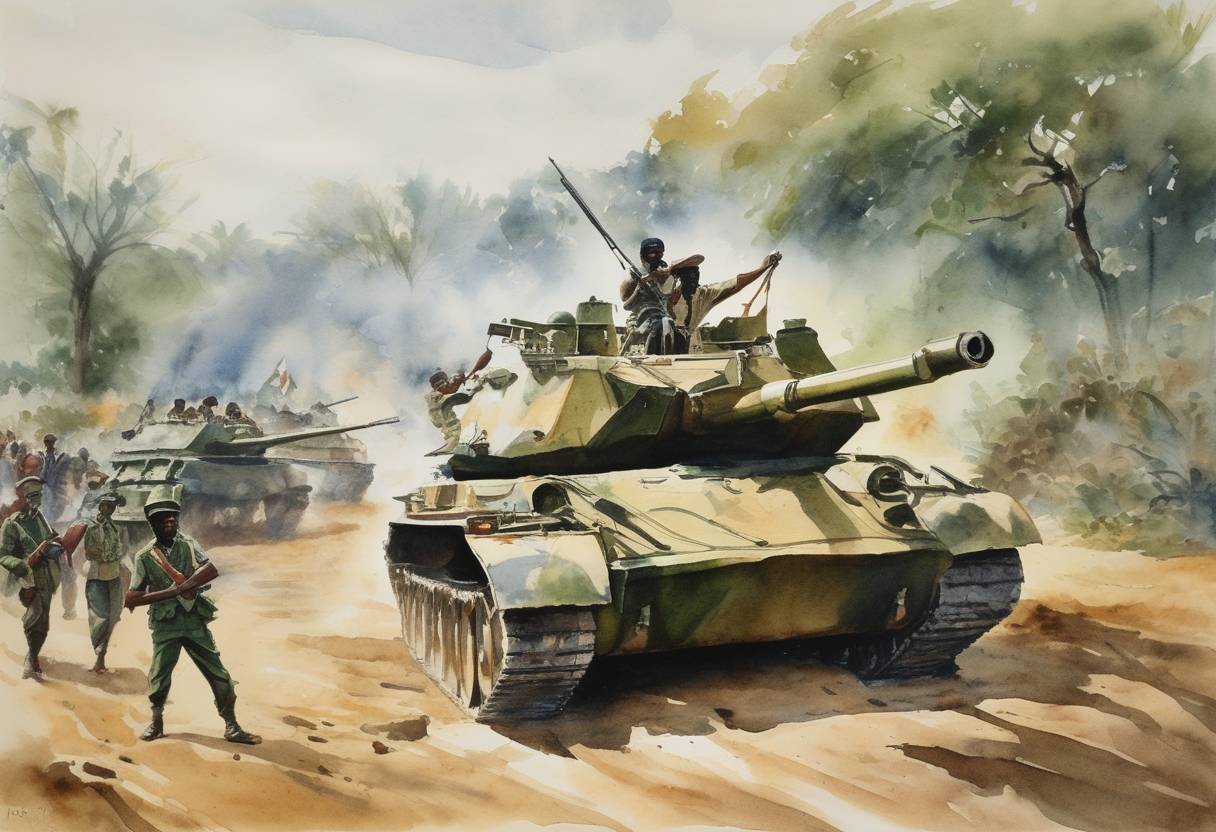 Watercolor painting based depiction of The Battle of Aishiya occurs, which is part of the larger conflict known as the Shaba II War, involving Zaire and a coalition of forces from Angola and Cuban exile soldiers. (1978)
