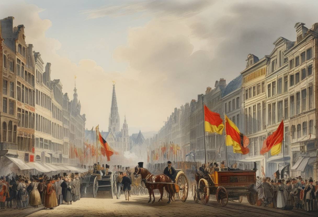 Watercolor painting based depiction of The Belgian National Day is celebrated for the first time, marking the foundation of Belgium as an independent nation. (1831)