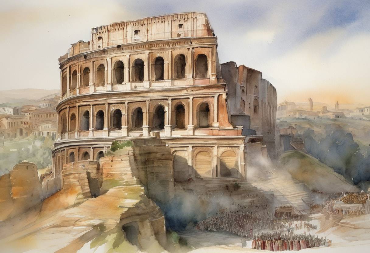 Watercolor painting based depiction of The Roman Emperor Jovian, involved in restoring Christianity as the official religion of Rome after Julian the Apostate's reign, dies unexpectedly, leading to the ascension of Valentinian I as emperor shortly afterward. (364)