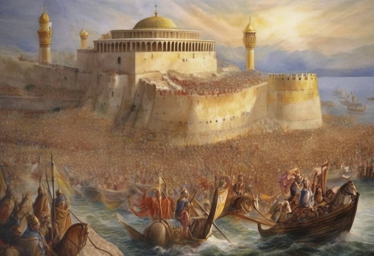 Watercolor painting based depiction of Alexios I Komnenos ascends to the Byzantine throne, marking the start of the Komnenian dynasty, which would revitalize the Byzantine Empire. (1081)