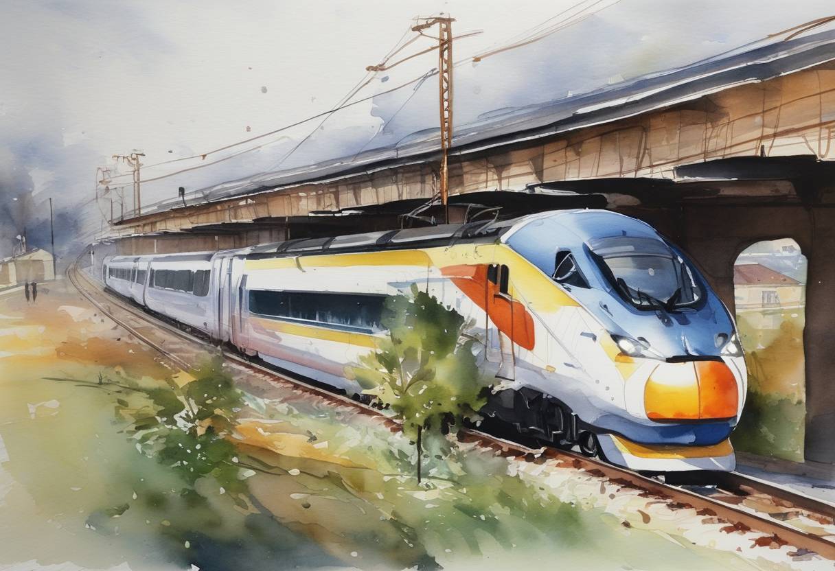 Watercolor painting based depiction of A high-speed train derails in Brétigny-sur-Orge, France, resulting in seven deaths and injuries to dozens of passengers. This incident prompts investigations into railway safety. (2013)