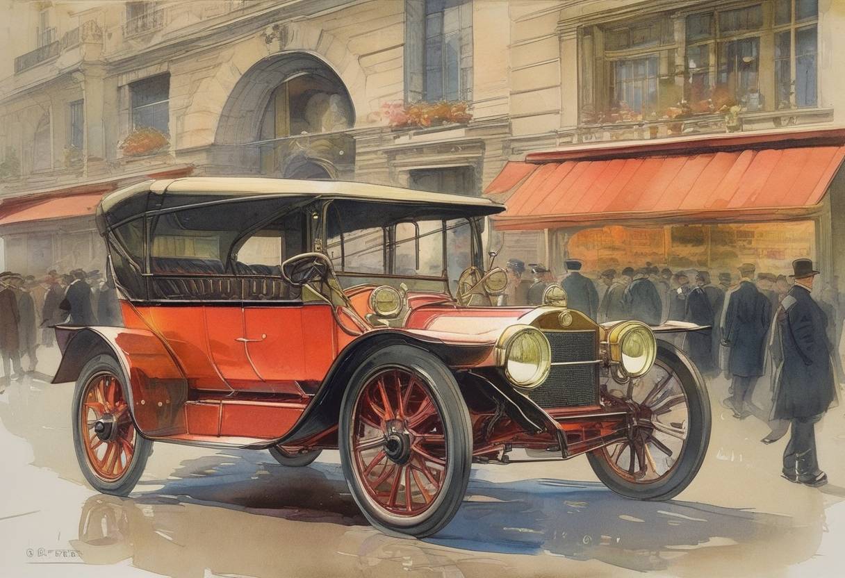 Watercolor painting based depiction of Modern neon lighting was first demonstrated by Georges Claude at the Paris Motor Show. (1910)