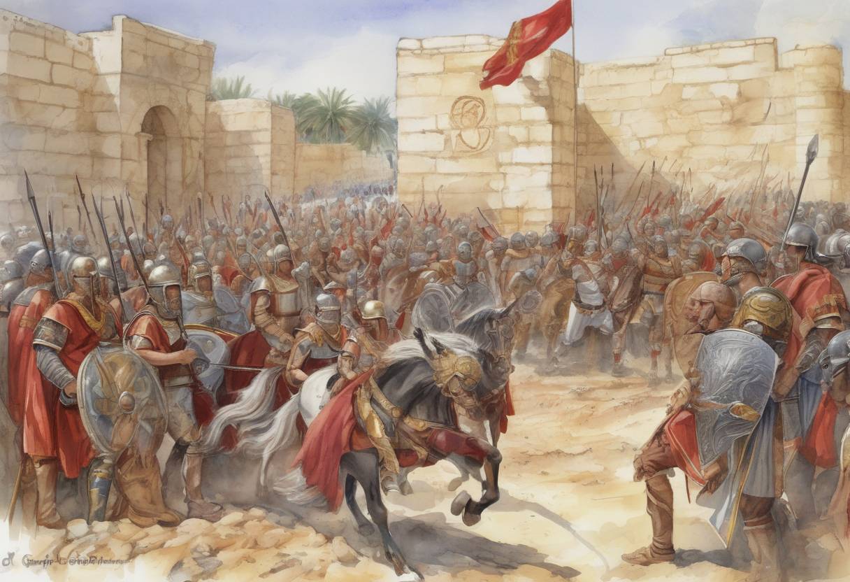 Watercolor painting based depiction of The Vandals, led by King Gaiseric, captured Carthage, marking a significant event in the decline of the Western Roman Empire. This conquest allowed the Vandals to establish the Vandal Kingdom in North Africa, which became a major power in the Western Mediterranean. (439)