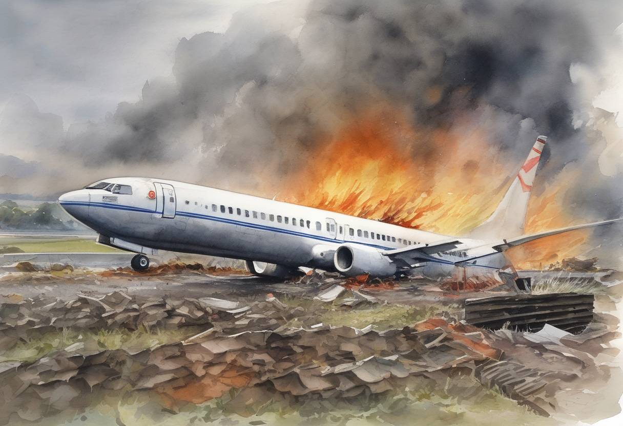 Watercolor painting based depiction of Kegworth air disaster: A British Midland Boeing 737 crashed on the M1 motorway in Leicestershire, England, killing 47 people. (1989)