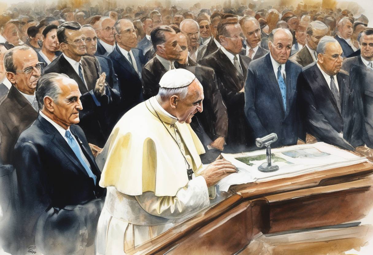 Watercolor painting based depiction of Pope Paul VI became the first pope to visit the United States, addressing the United Nations General Assembly in New York City. (1965)