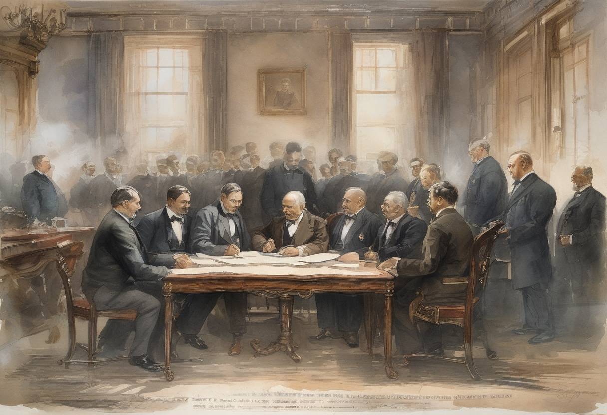 Watercolor painting based depiction of The Treaty of Portsmouth was signed, ending the Russo-Japanese War. The treaty was mediated by U.S. President Theodore Roosevelt, who later won the Nobel Peace Prize for his efforts. (1905)