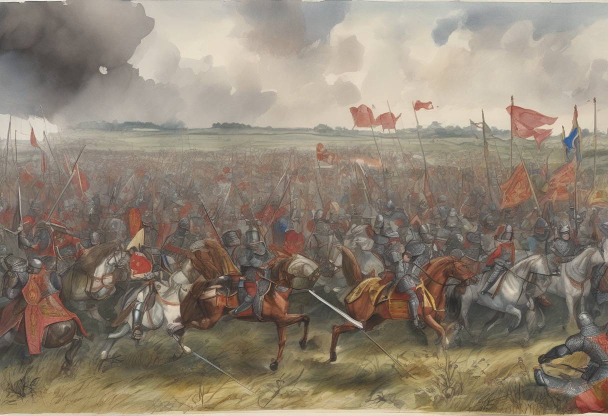 Watercolor painting based depiction of The Battle of Blore Heath, part of the Wars of the Roses, took place in England, resulting in a victory for the Yorkists. (1459)