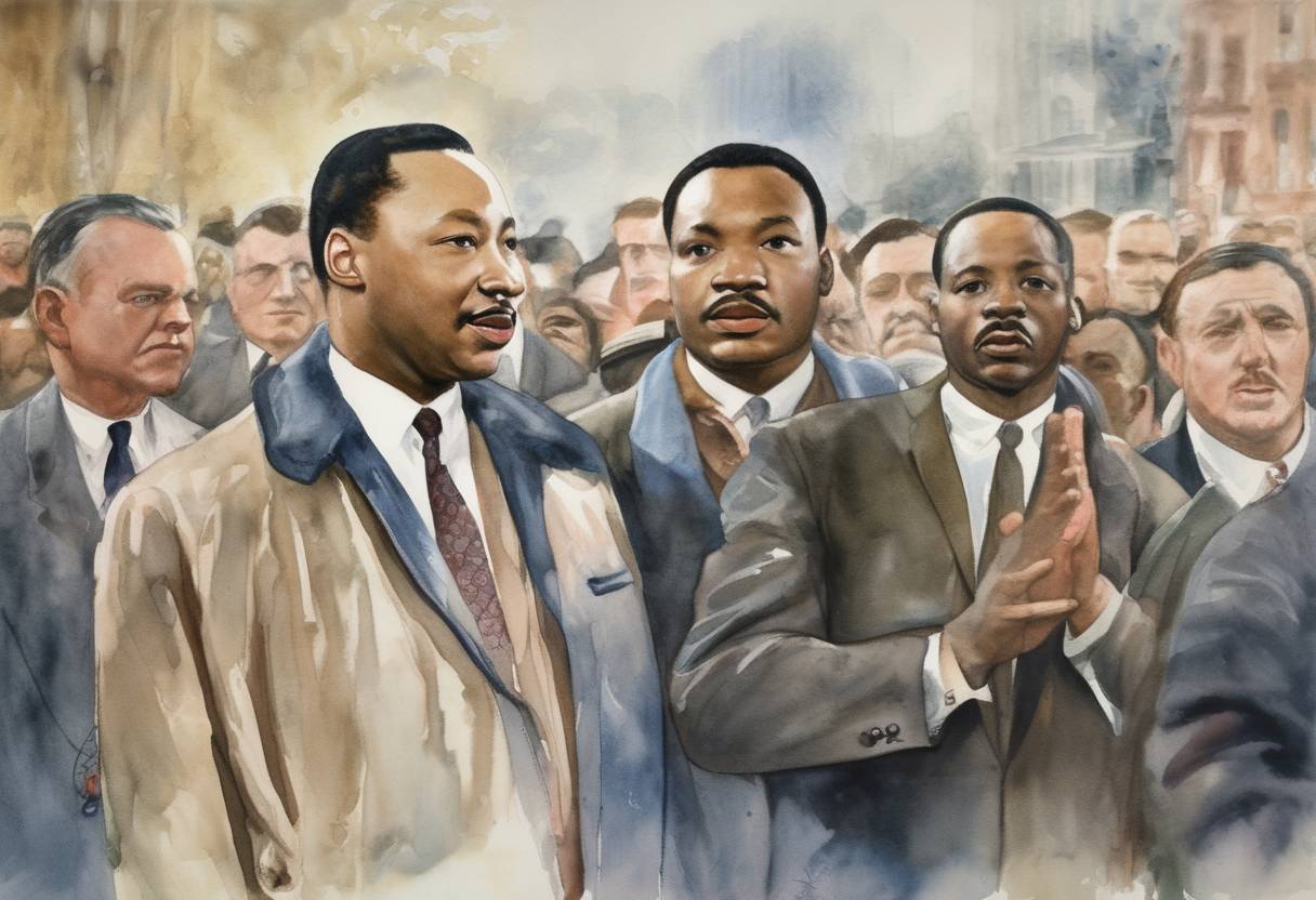 Watercolor painting based depiction of Martin Luther King Jr. was awarded the Nobel Peace Prize for his nonviolent resistance to racial prejudice in America. (1964)