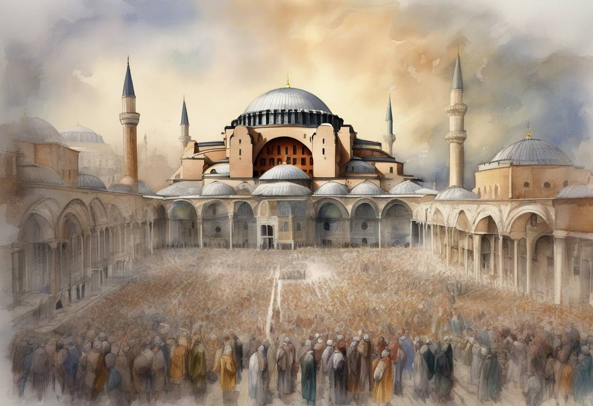 Watercolor painting based depiction of The Hagia Sophia in Constantinople was consecrated for the second time after being rebuilt by Emperor Justinian I following its destruction in the Nika riots. (563)