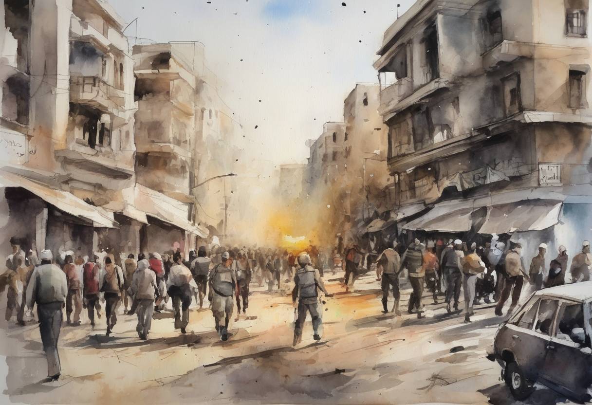Watercolor painting based depiction of The Syrian Civil War began with large-scale protests in cities like Daraa, marking the start of a conflict that would have profound regional and global implications. (2011)