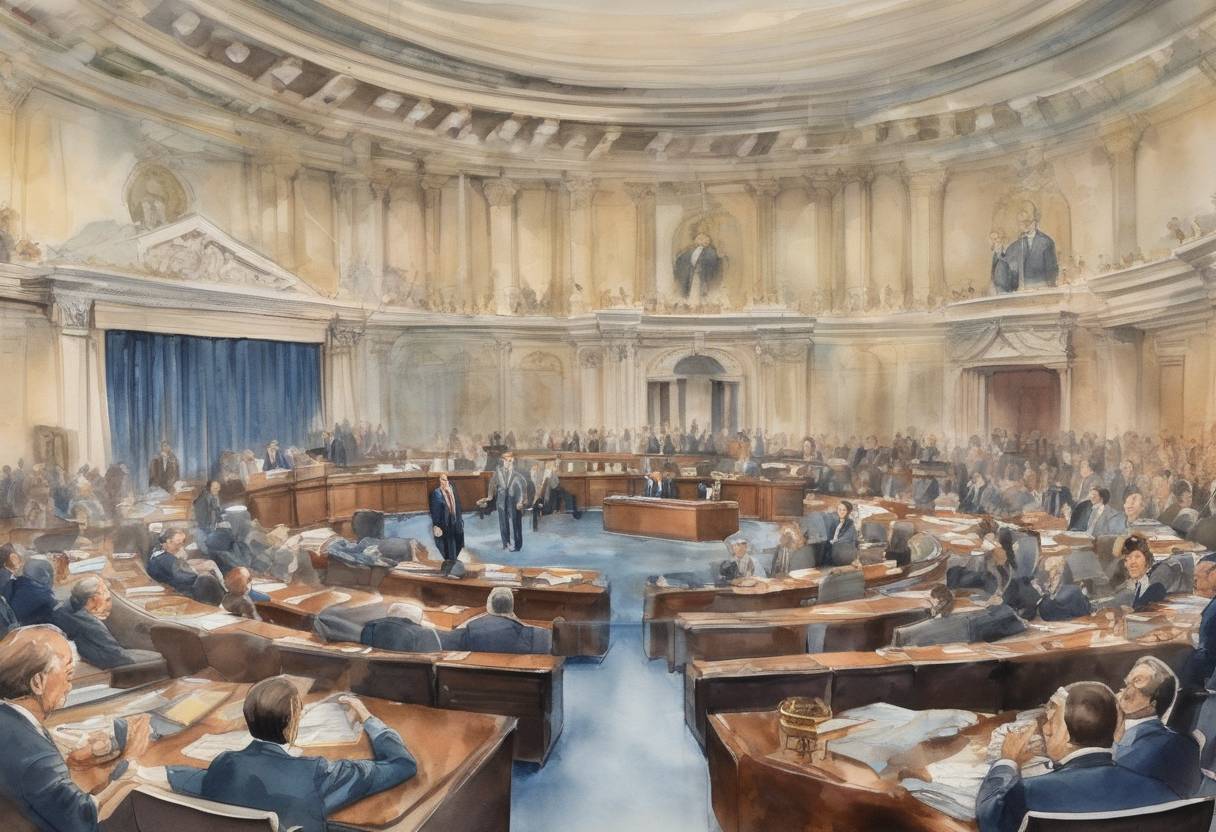 Watercolor painting based depiction of President Richard Nixon refused to hand over materials subpoenaed by the Senate Watergate Committee. (1974)