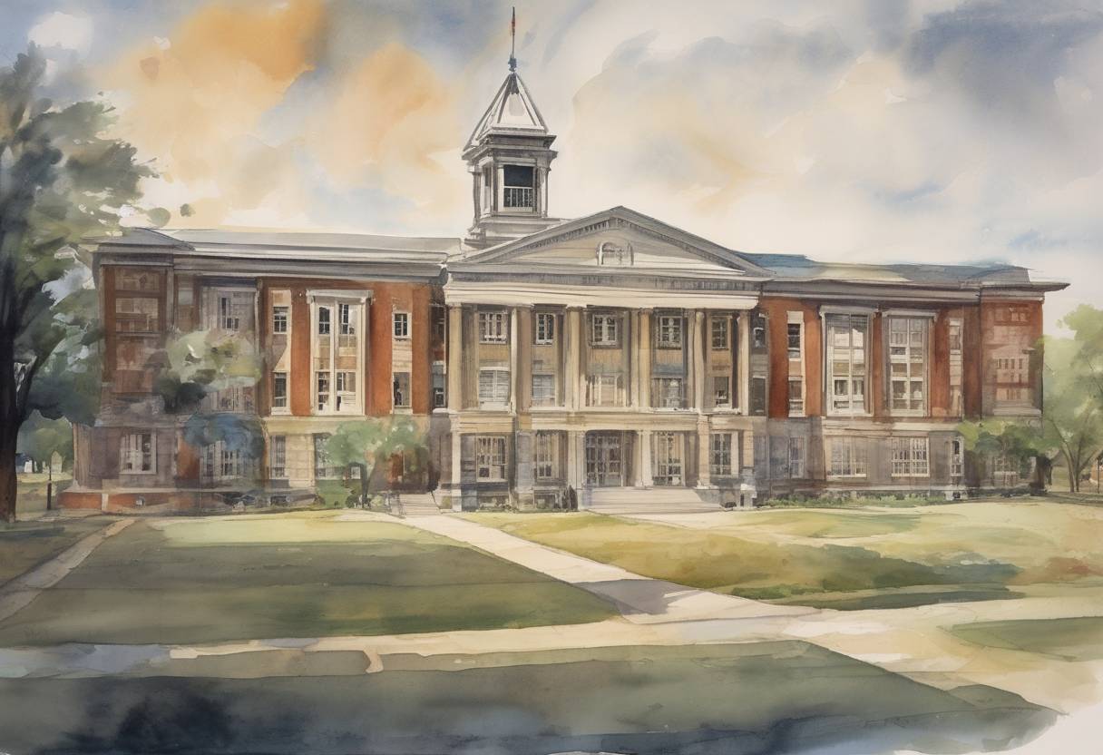 Watercolor painting based depiction of Central High School in Little Rock, Arkansas, was integrated following the intervention of federal troops. This event was a significant moment in the American Civil Rights Movement, highlighting the federal government's role in enforcing desegregation. (1957)