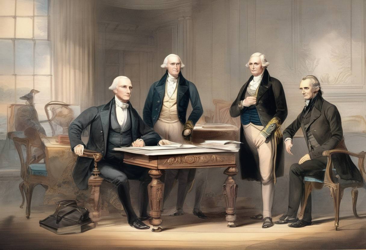 Watercolor painting based depiction of The Webster–Ashburton Treaty was signed, resolving border issues between the United States and British North America (now Canada). (1842)