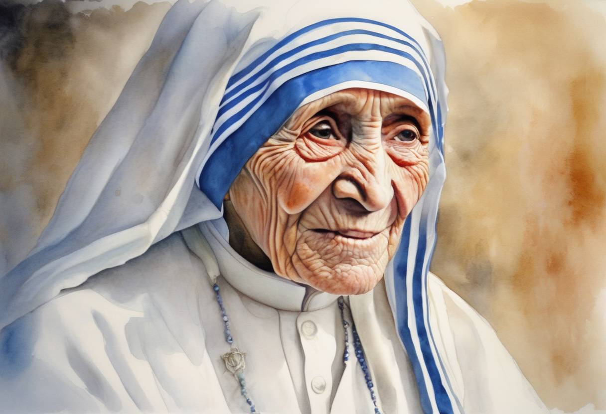 Watercolor painting based depiction of Mother Teresa was beatified by Pope John Paul II in a ceremony at St. Peter's Basilica in Vatican City, a significant step towards her canonization as a saint in the Roman Catholic Church. (2003)