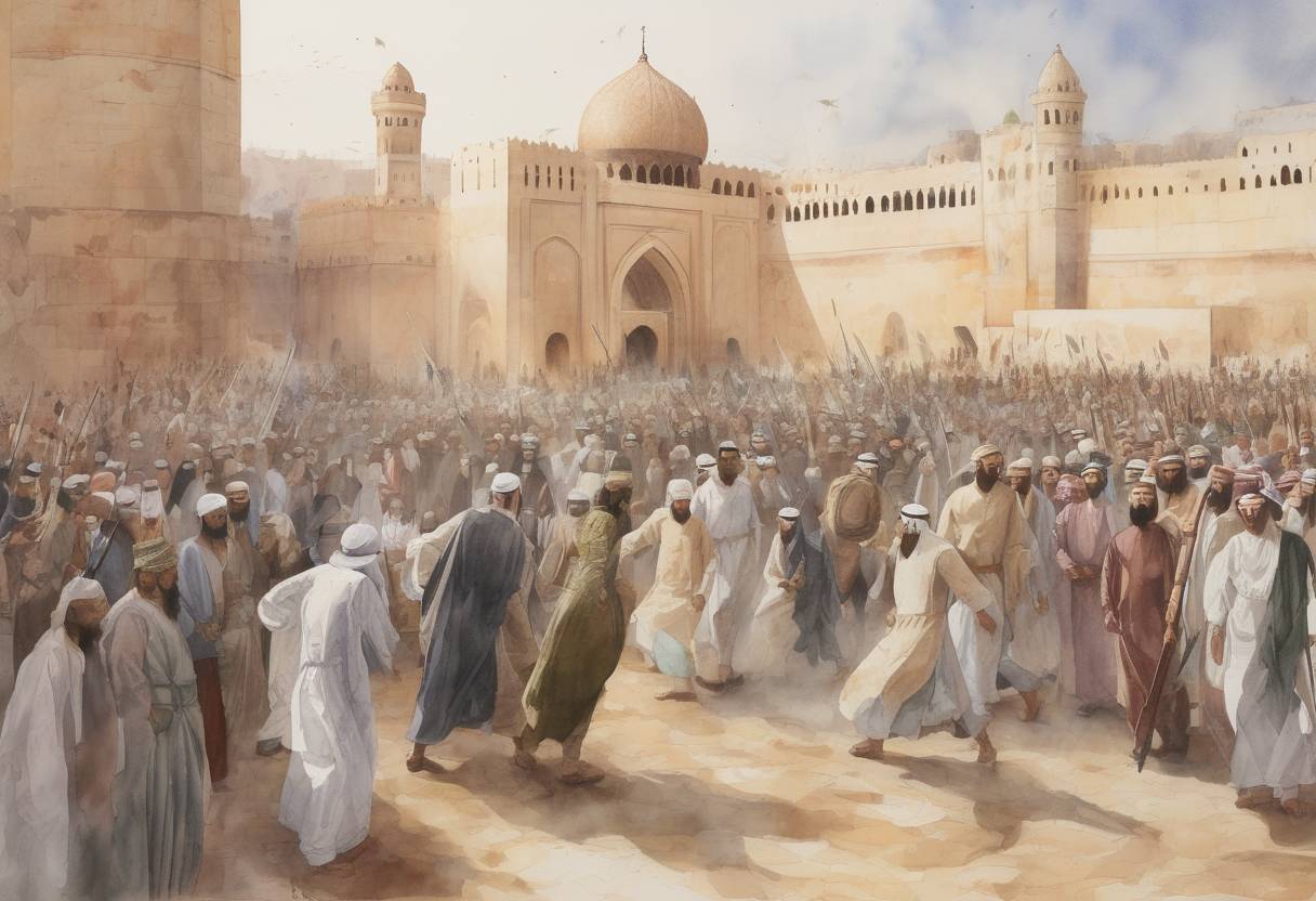 Watercolor painting based depiction of The Rashidun Caliphate's third caliph, Uthman ibn Affan, is assassinated in Medina, leading to the First Fitna, a major civil war within the Islamic community. (651)