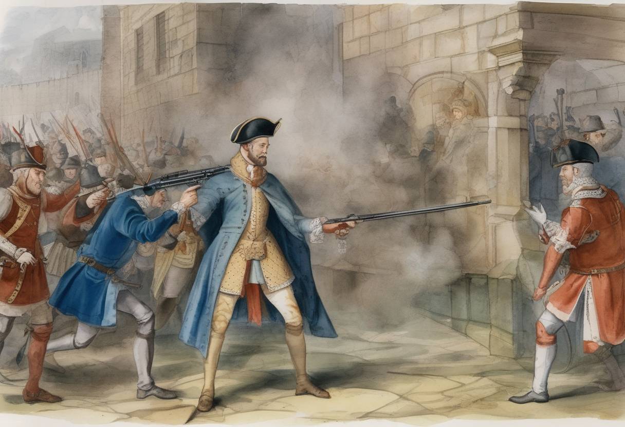 Watercolor painting based depiction of The assassination of James Stewart, 1st Earl of Moray, the Regent of Scotland, occurs, marking the first recorded assassination by firearm. (1570)