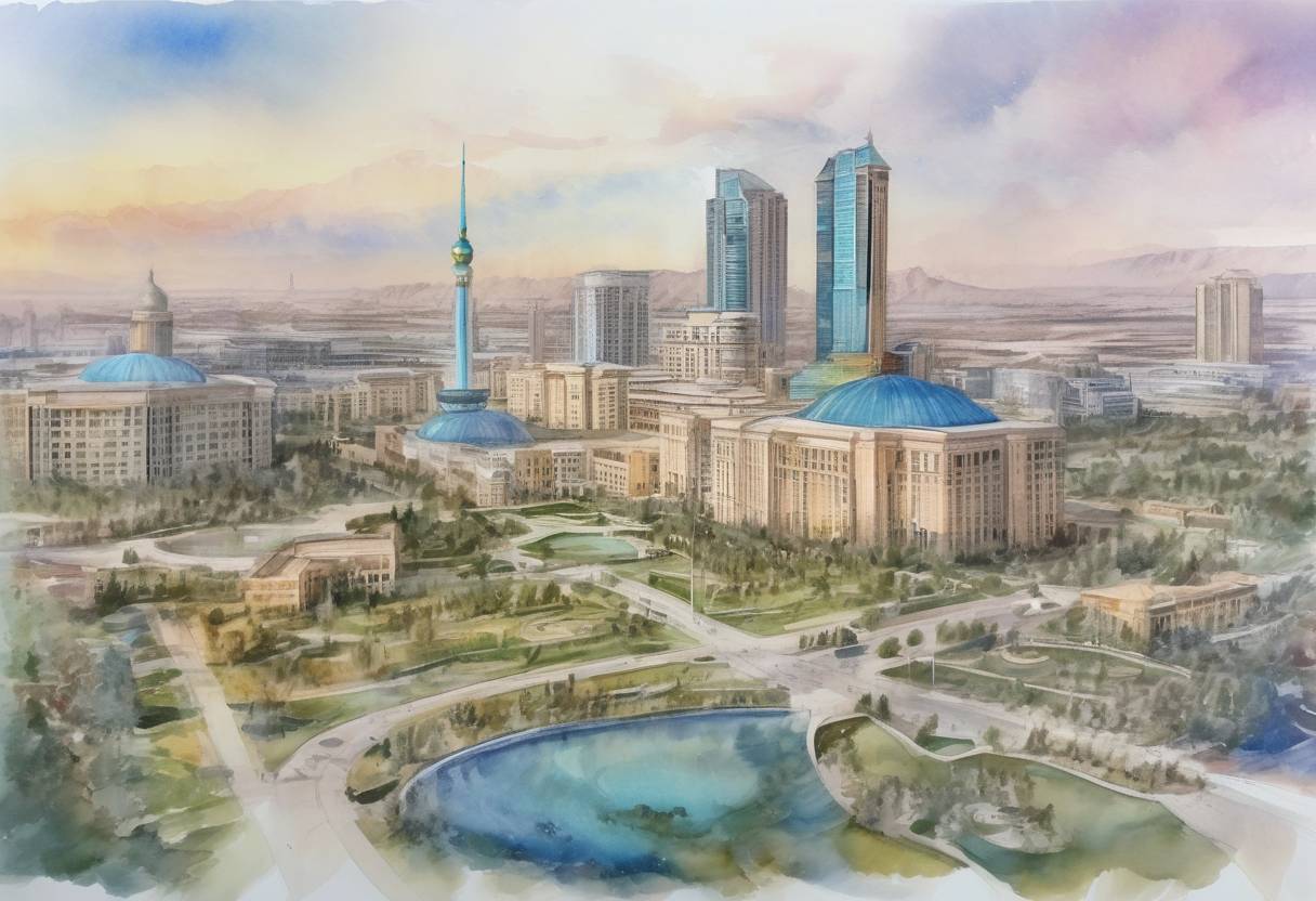 Watercolor painting based depiction of Kazakhstan's capital was renamed from Astana to Nur-Sultan in honor of the former president Nursultan Nazarbayev. (2019)