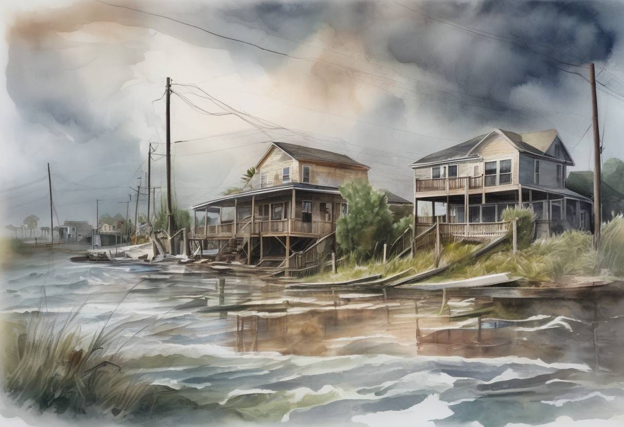 Watercolor painting based depiction of Hurricane Harvey made landfall in Texas as a Category 4 hurricane, causing catastrophic flooding and damage. (2017)