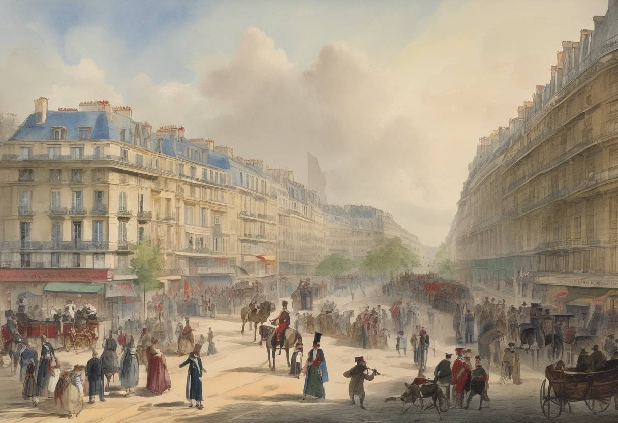 Watercolor painting based depiction of The Second French Republic was proclaimed following the abdication of King Louis-Philippe, marking the end of the July Monarchy. (1848)