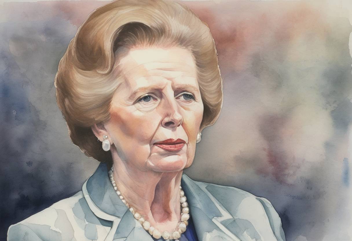 Watercolor painting based depiction of Margaret Thatcher announced her resignation as Prime Minister of the United Kingdom after failing to win sufficient support in a Conservative Party leadership contest. (1990)