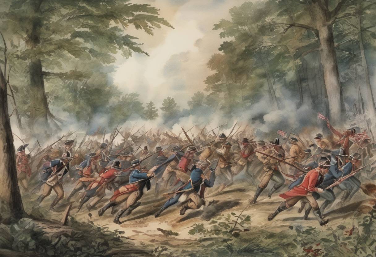 Watercolor painting based depiction of The Battle of Bloody Run took place during Pontiac's War, where British forces were ambushed by Native American warriors. (1763)
