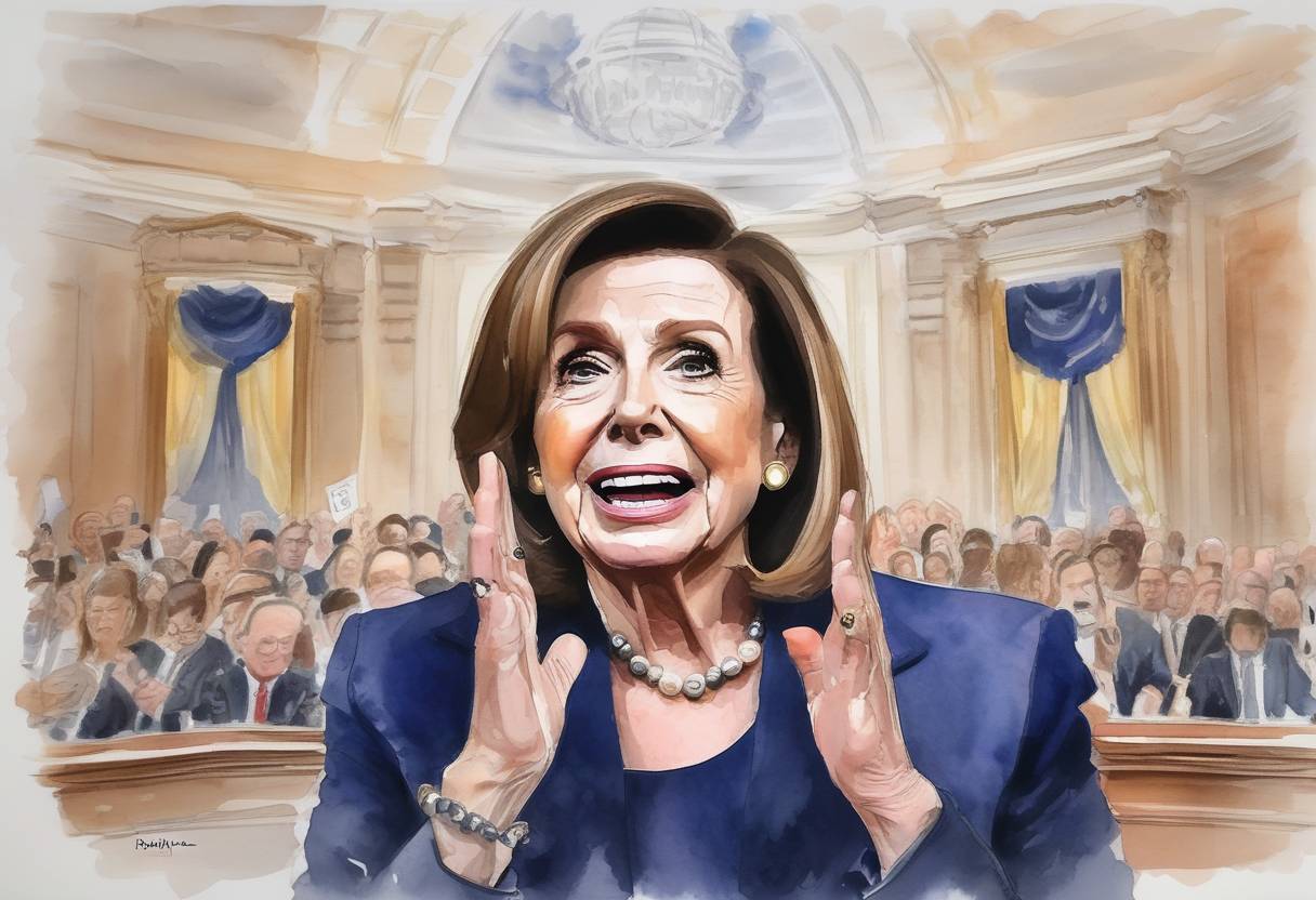 Watercolor painting based depiction of U.S. House Speaker Nancy Pelosi announced the initiation of a formal impeachment inquiry against President Donald Trump over allegations related to his dealings with Ukraine. (2019)