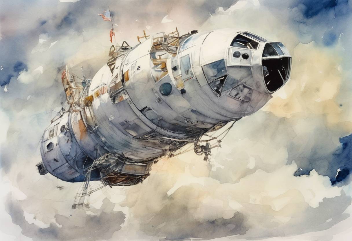 Watercolor painting based depiction of Apollo 9 returned safely to Earth after testing the Lunar Module in Earth orbit, a crucial step in the preparations for the Apollo 11 moon landing. (1969)