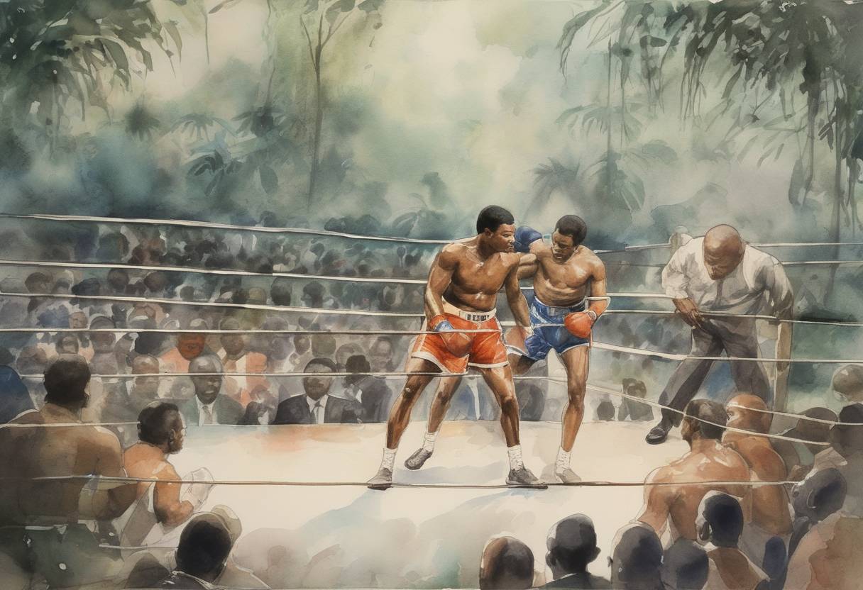 Watercolor painting based depiction of The 'Rumble in the Jungle' boxing match took place in Kinshasa, Zaire, where Muhammad Ali defeated George Foreman to regain the World Heavyweight title. (1974)