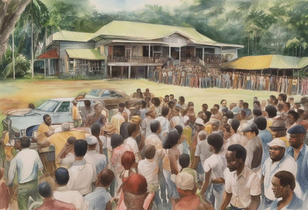 Watercolor painting based depiction of The Jonestown Massacre occurred, where over 900 members of the Peoples Temple, led by Jim Jones, died in a mass murder-suicide in Guyana. (1978)