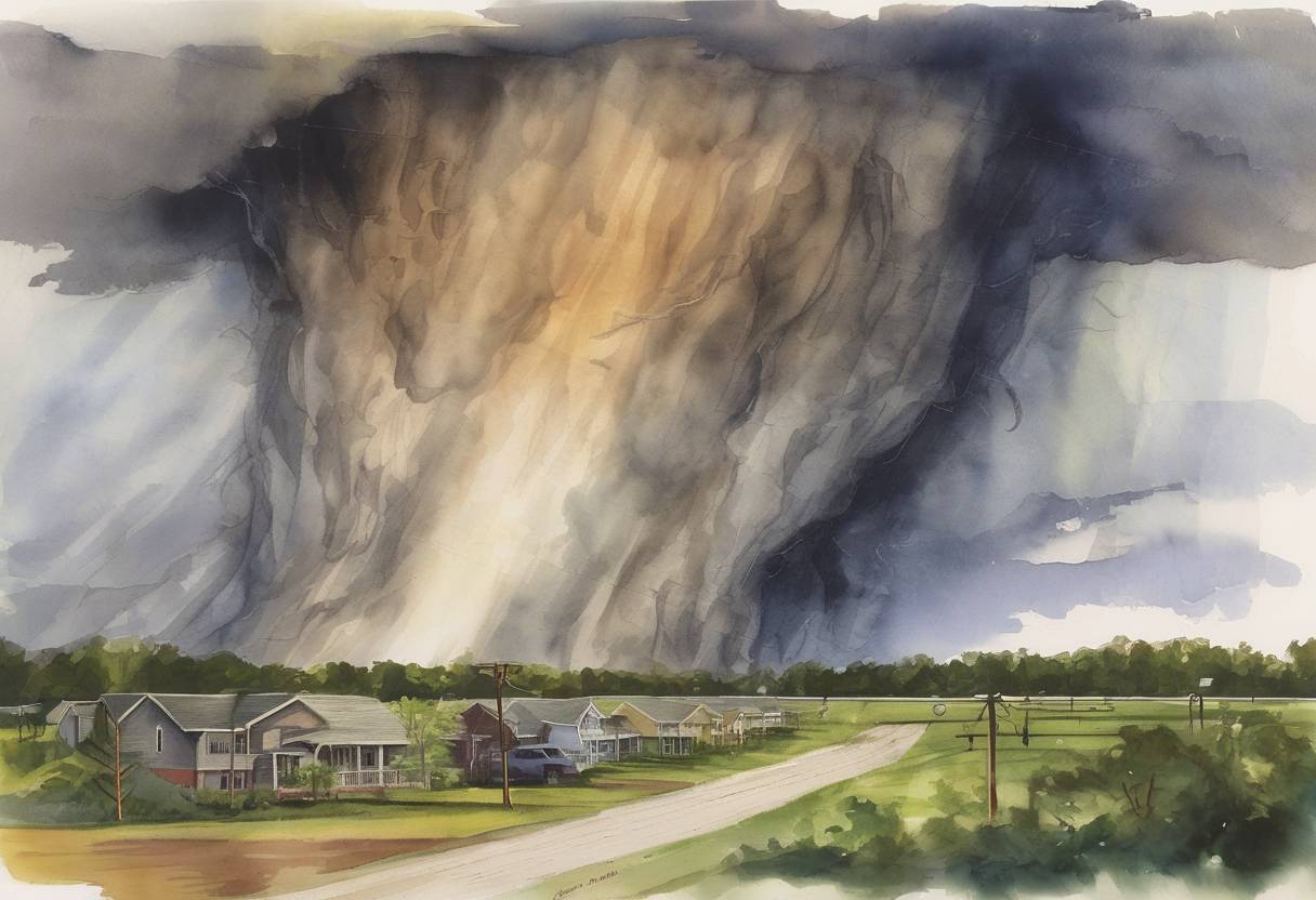 Watercolor painting based depiction of A major tornado outbreak occurred across the southern United States, resulting in 87 tornadoes and causing 57 fatalities. It was one of the deadliest tornado outbreaks in the U.S. in recent history. (2008)