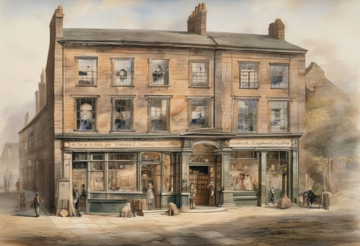 Watercolor painting based depiction of The Rochdale Society of Equitable Pioneers opened their store, marking the beginning of the cooperative movement. (1844)