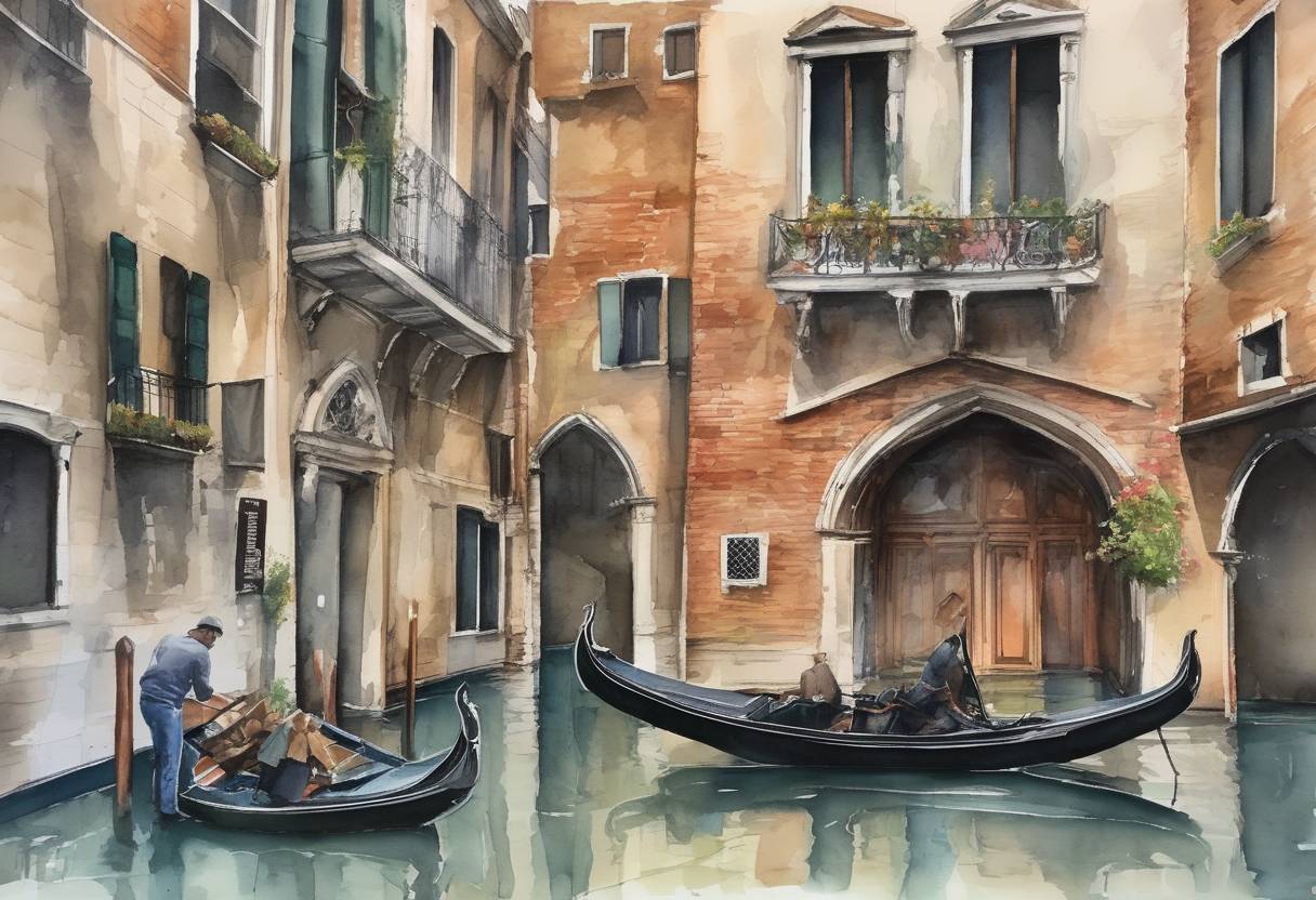 Watercolor painting based depiction of Venice, Italy, experienced its worst flooding in more than 50 years, with water levels reaching 1.87 meters (6.14 feet), causing extensive damage to historic sites and infrastructure. (2019)
