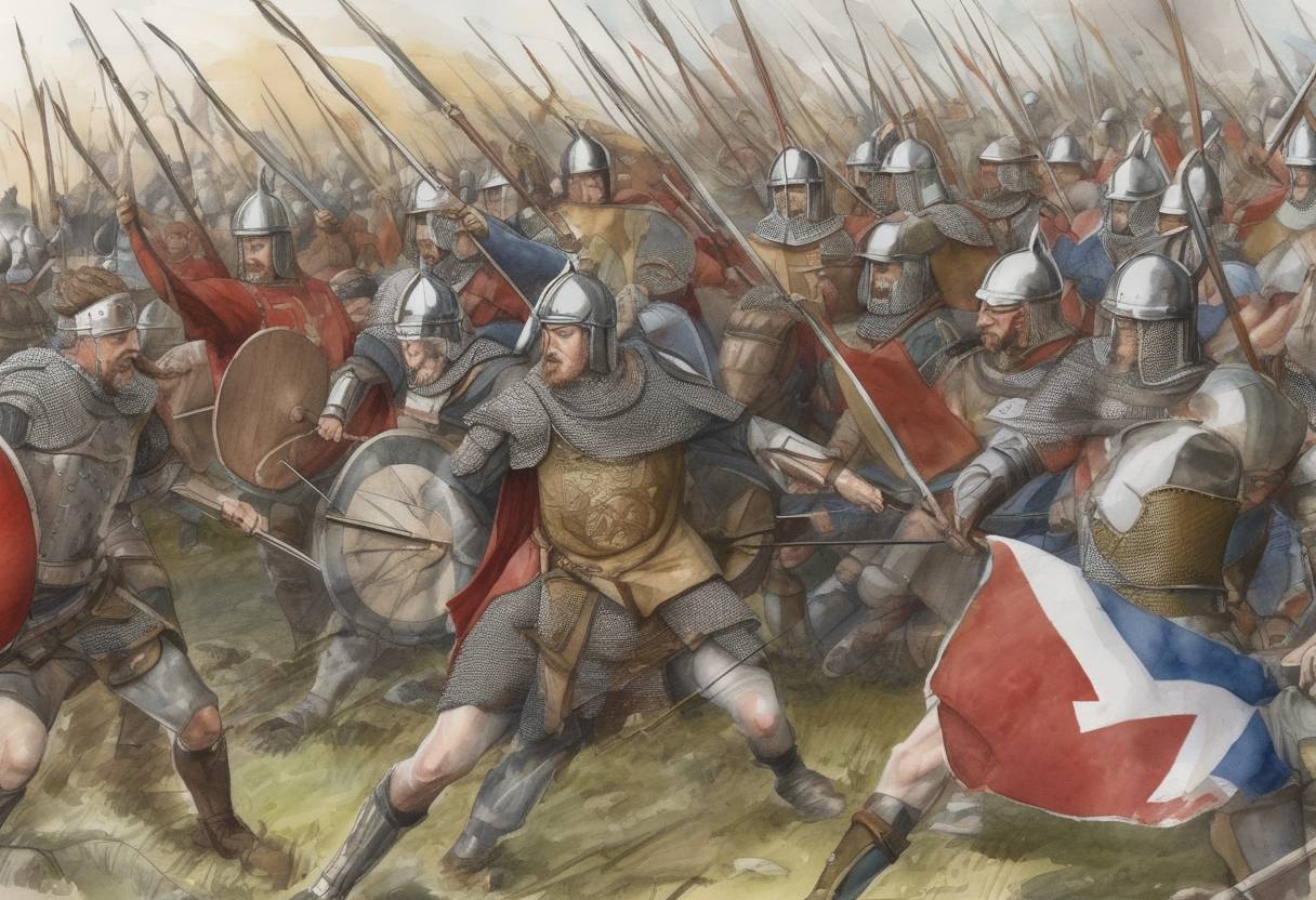 Watercolor painting based depiction of The Battle of Arfderydd is fought between the forces of King Gwenddoleu ap Ceidio and the combined forces of Rhydderch Hael, King of Strathclyde, and other British kings. This battle is part of the larger conflict in the post-Roman period in Britain. (575)