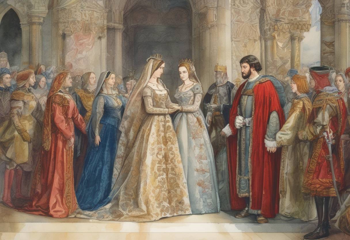 Watercolor painting based depiction of Ferdinand II of Aragon married Isabella I of Castile, leading to the unification of Spain. (1469)