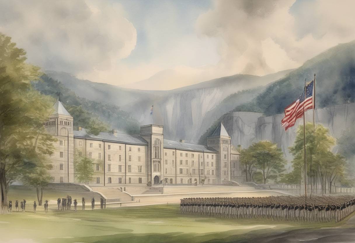 Watercolor painting based depiction of The United States Military Academy at West Point is officially opened. (1802)