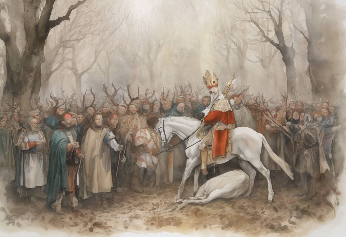 Watercolor painting based depiction of The death of Saint Hubertus, the patron saint of hunters, who was the first bishop of Liège and known for his conversion story involving a vision of a crucifix between the antlers of a stag. (757)