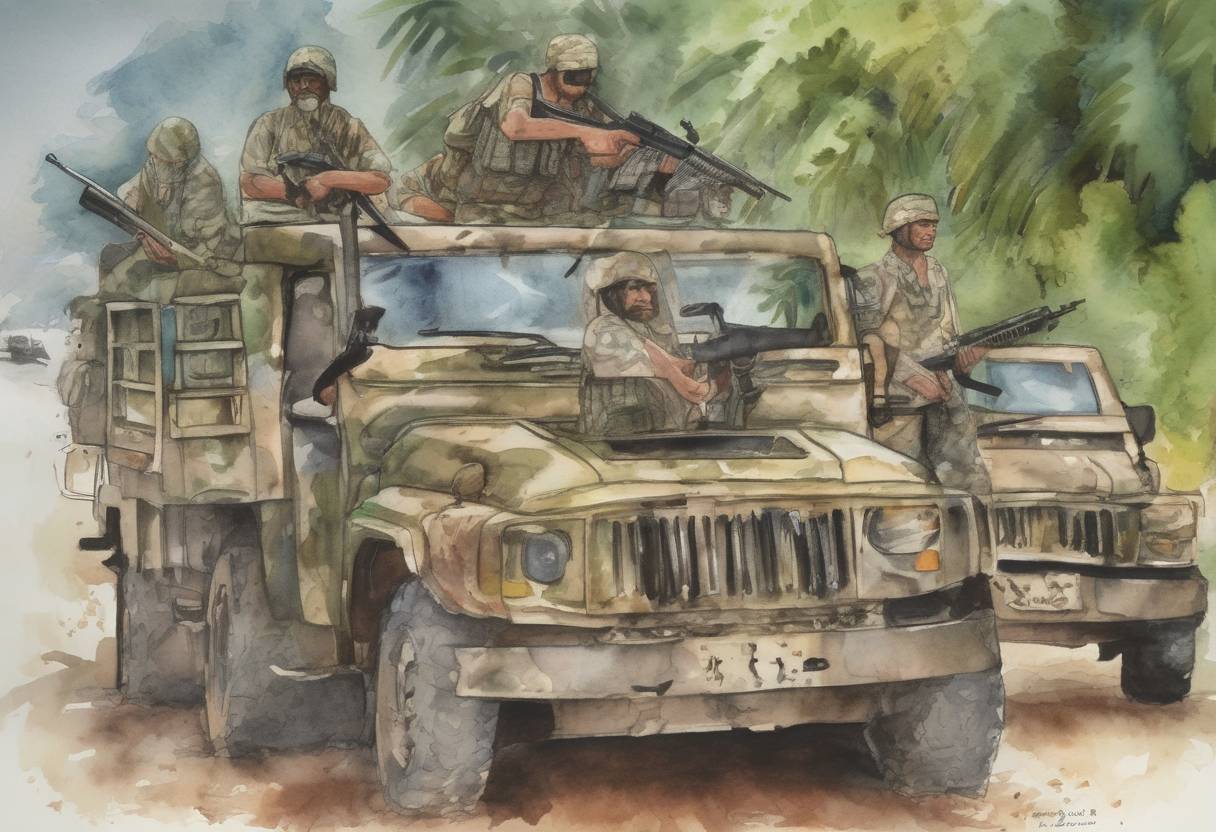Watercolor painting based depiction of The Al-Qaeda-linked group Abu Sayyaf attacked a Philippine military convoy on the island of Jolo, resulting in the deaths of at least 10 soldiers. (2004)