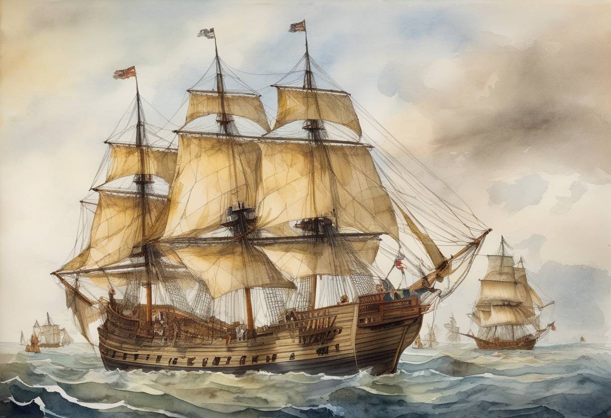 Watercolor painting based depiction of The English ship Anne and Little James set sail from London to join the Plymouth Colony in America. (1622)