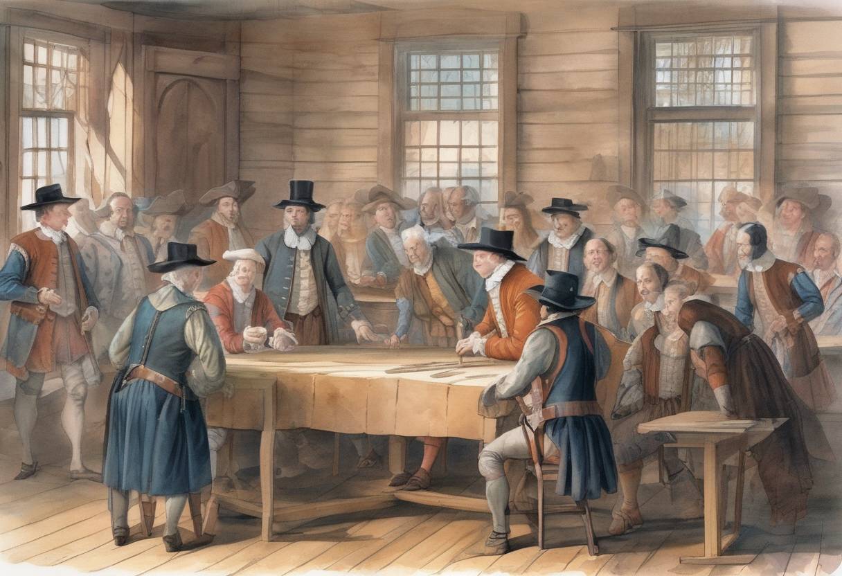 Watercolor painting based depiction of The first representative assembly in America, the House of Burgesses, convened for the first time in Jamestown, Virginia, laying the foundation for self-government in the American colonies. (1619)